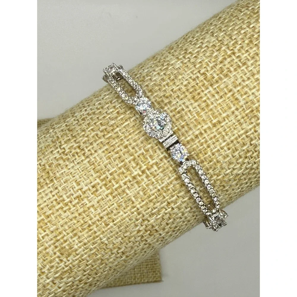 Nadri Silver Tone Cubic Zirconia Radiant Halo Line Bracelet Bridal Statement